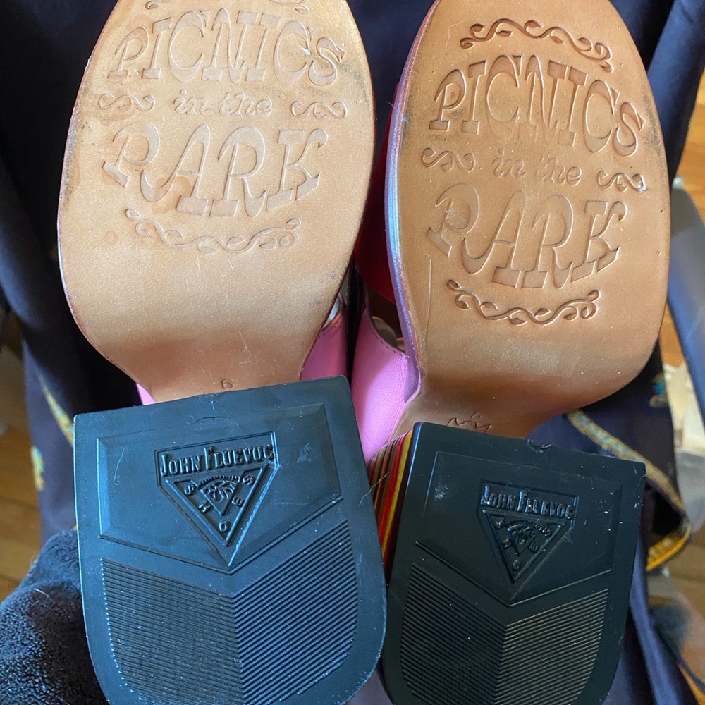 John Fluevog Red and Pink Rainbow Wedge Sandals - Picture 2 of 6